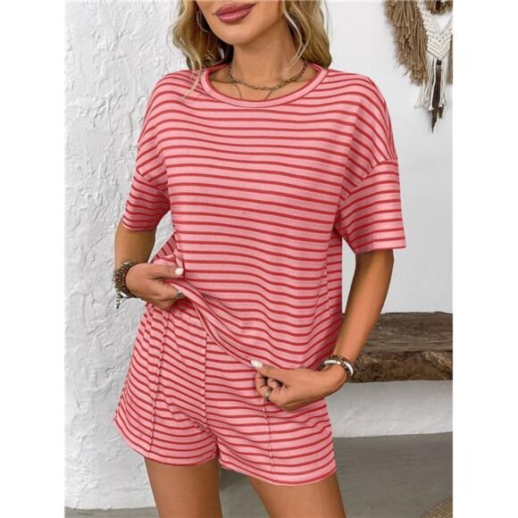 Striped Round Neck Short Sleeve Top and Shorts Set - Picture 7 of 16